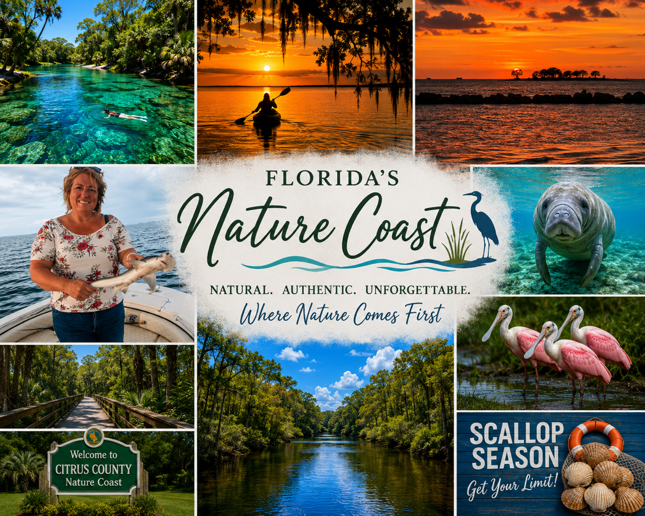 Florida's Nature Coast — Citrus County springs, kayaking at sunset, manatees, roseate spoonbills, and scalloping along the Gulf Coast